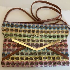 COLORFUL CROSSBODY CLUTCH PURSE WITH GOLDTONE GREYHOUND AND TRIM